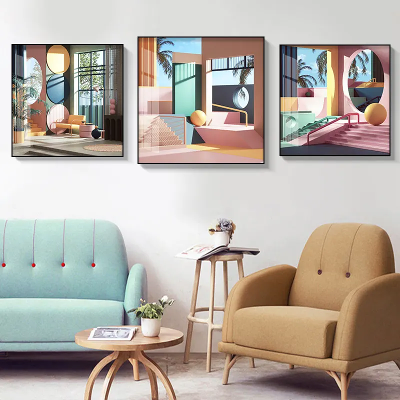 

Morden Pink house Abstract Building wall art Canvas Pictures Paintings Prints Posters literary style for Living Room Home Decor