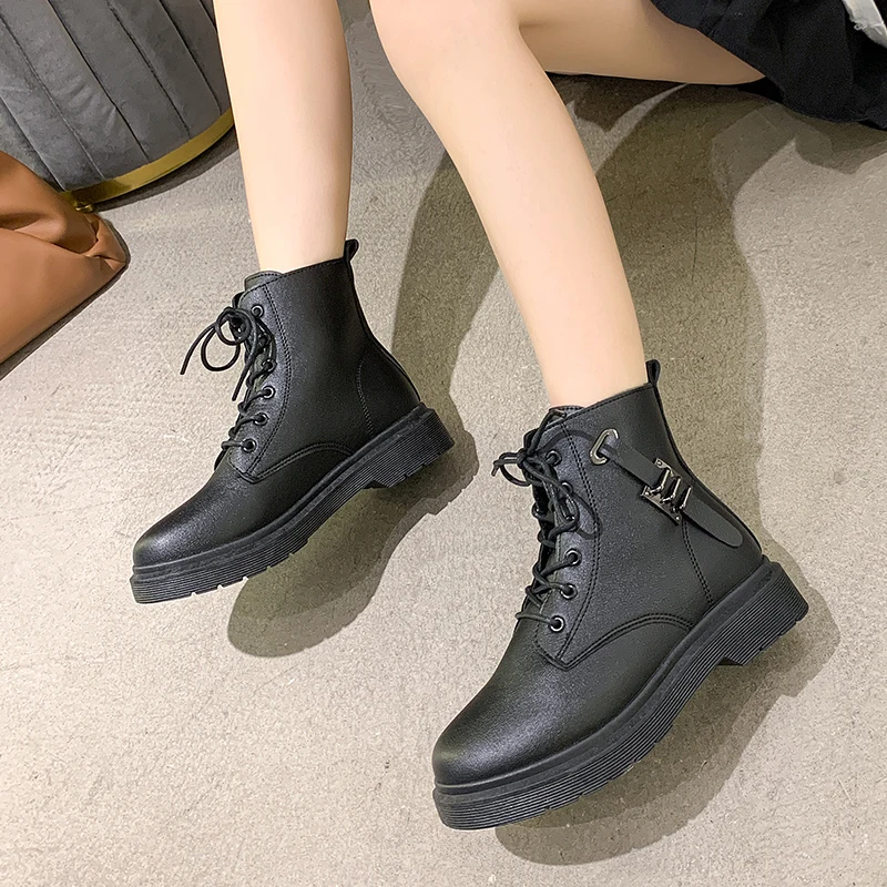 

Lace Up Boots Female Shoes Boots-Women Luxury Designer Flat Heel Round Toe Ladies Rubber 2021 Ankle Autumn Fashion Rock Med Shor