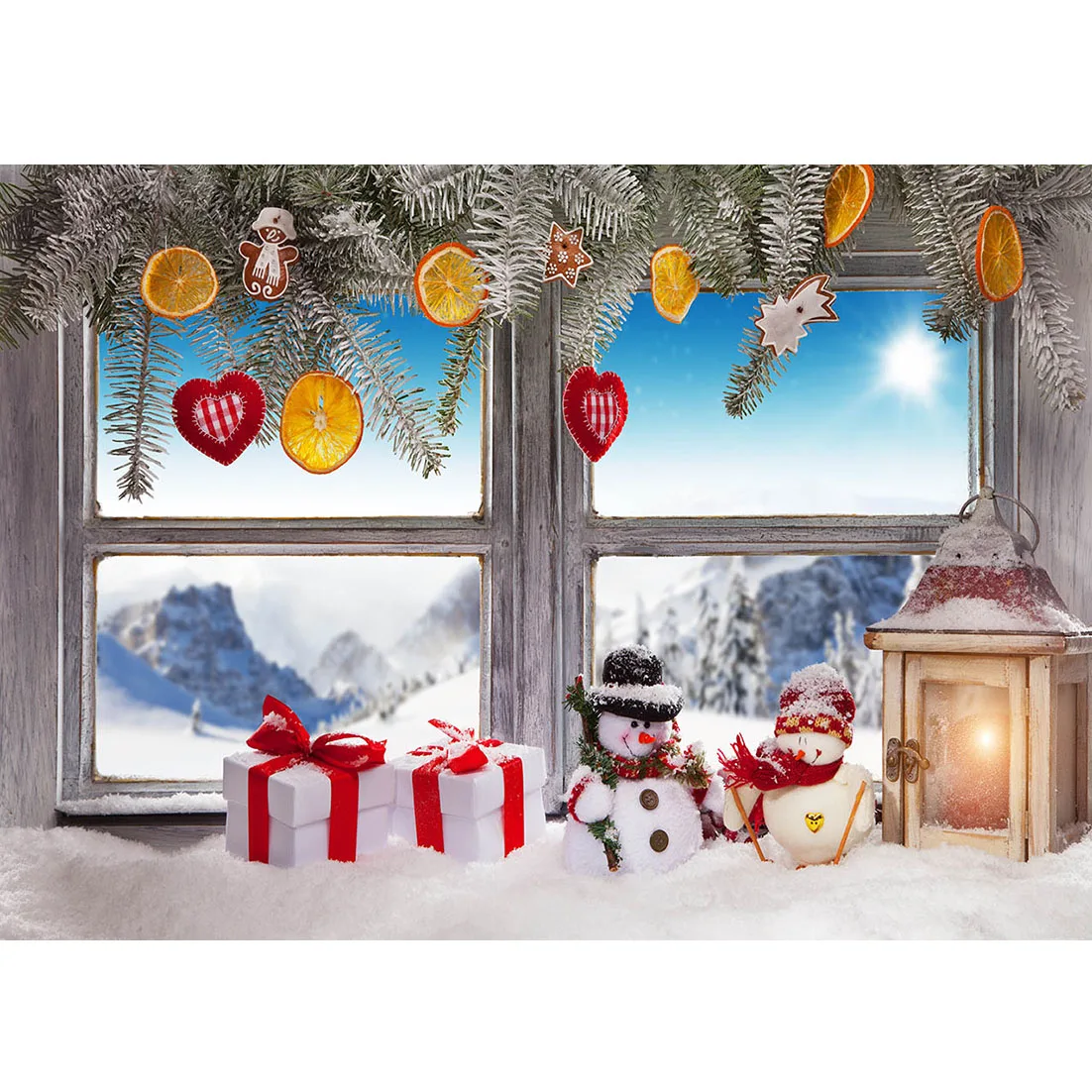 Рождественский светильник со снеговиком подарок окна фоновая фотография с