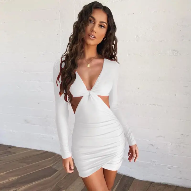 Женское платье с длинным рукавом глубоким V образным вырезом и вырезами|Женские