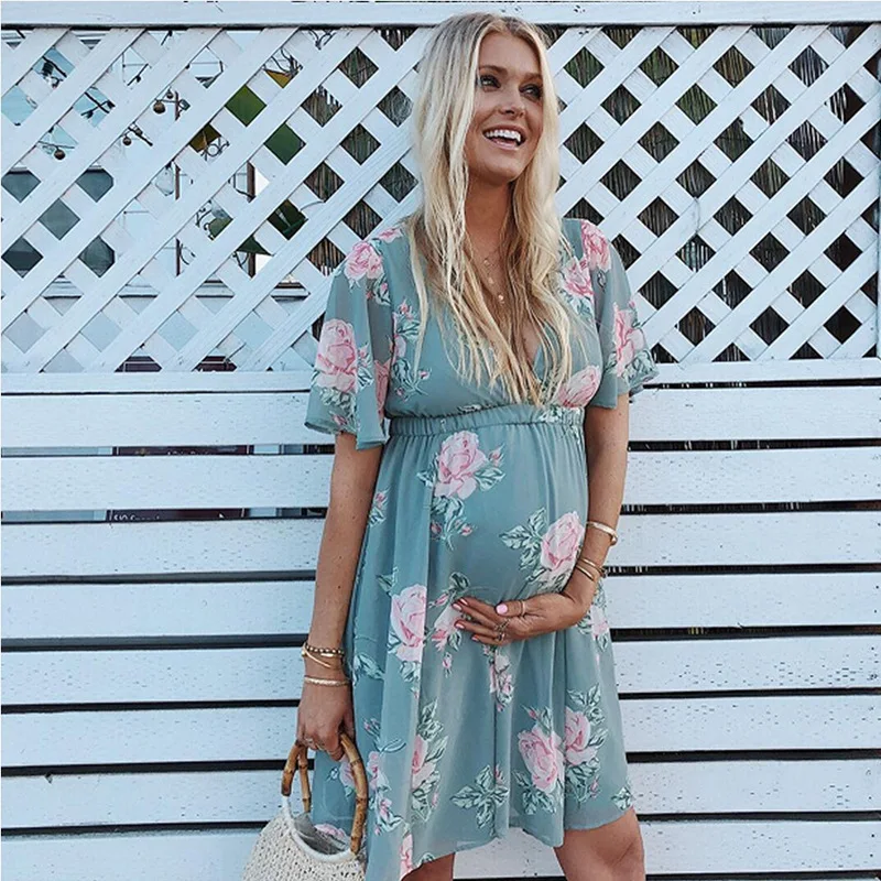 Summer V Neck Maternity Dresses Floral Print Short Sleeve Women Bohemia Chiffon Dress Quality Match Body | Мать и ребенок