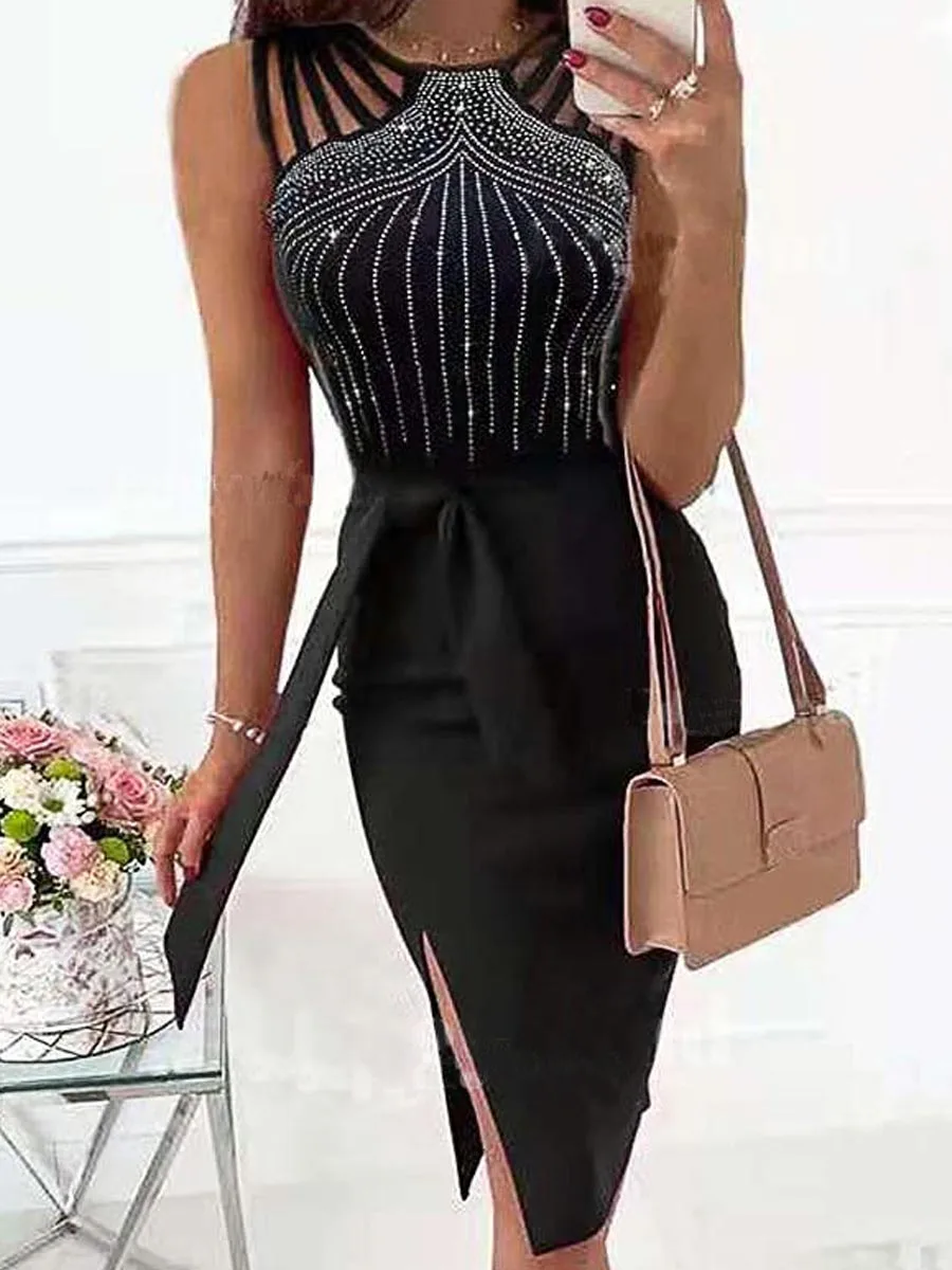 

Manyiwei Women Hot Rhinestones Splicing Bodycon Midi Dresses Sexy Night Party Clubwear Office Lady Bandage Dress