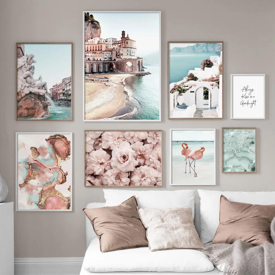 

Pink Flamingo Flower Posters and Prints Sea City Landscape Wall Art Canvas Painting Nordic Wall Pictures for Living Room Home