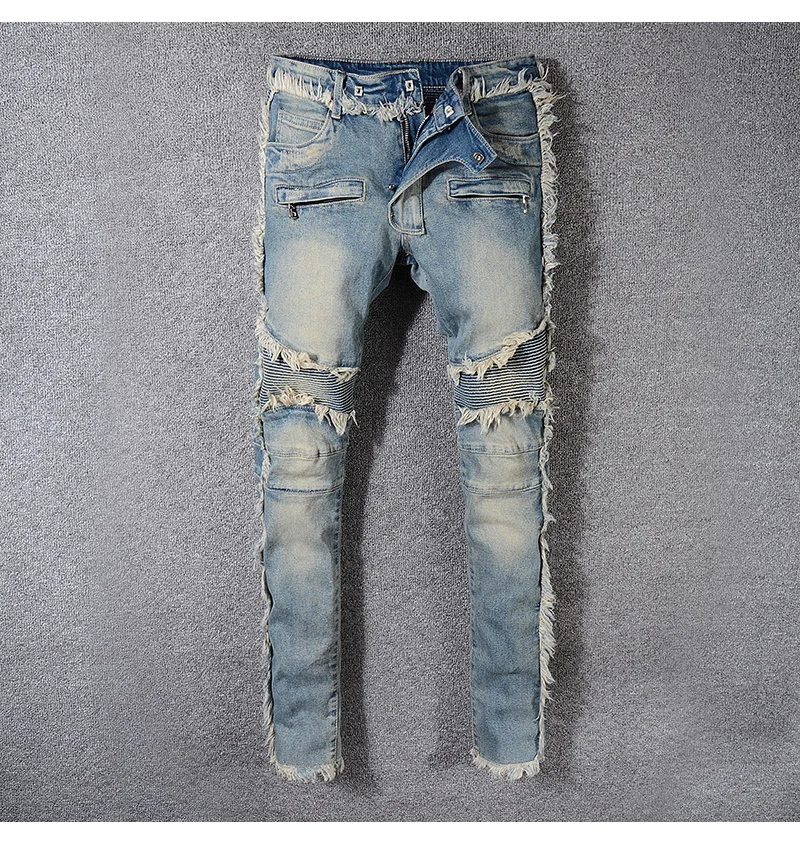 

Мужские Винтажные байкерские джинсы с бахромой, зауженные прямые брюки в стиле пэчворк, брюки больших и высоких размеров, 2021