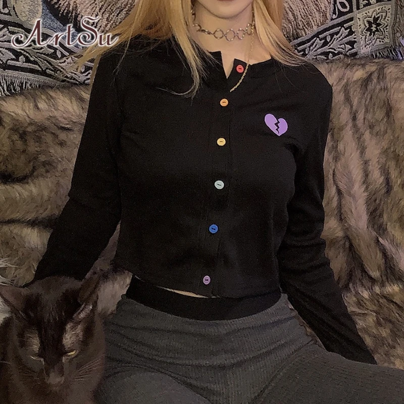 ArtSu модная черная футболка короткий топ с длинным рукавом базовая Kawaii Забавные