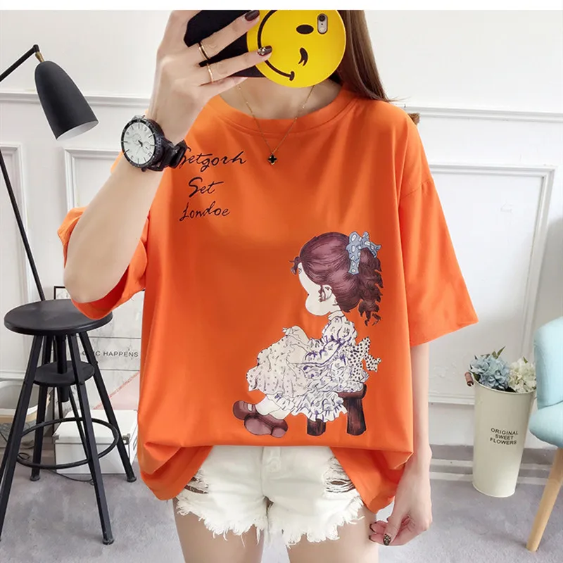 Простая хлопковая черно красная футболка с коротким рукавом Женская свободная
