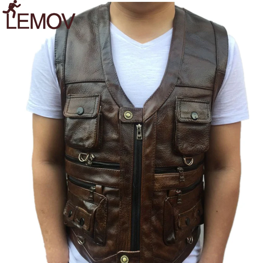 LEMOV коричневый жилет мужской кожаный из натуральной кожи мотоциклетный с