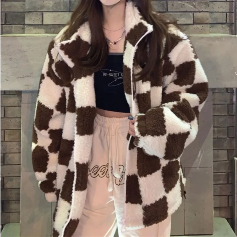 

Checkerboard Check Lamb Wool Coat Women's Autumn and Winter Chic Casual Versatile Warm Long Sleeve Top