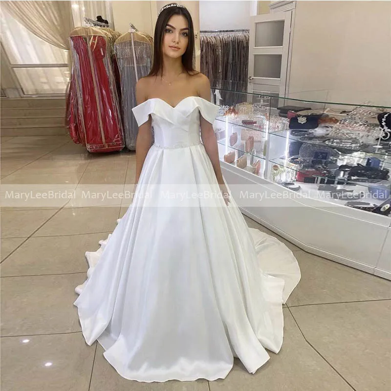 

A-Line Satin Wedding Dresses 2021 Long Off The Shoulder Church Bridal Gowns With Drap Skirt Plus Size robe de marie princesse