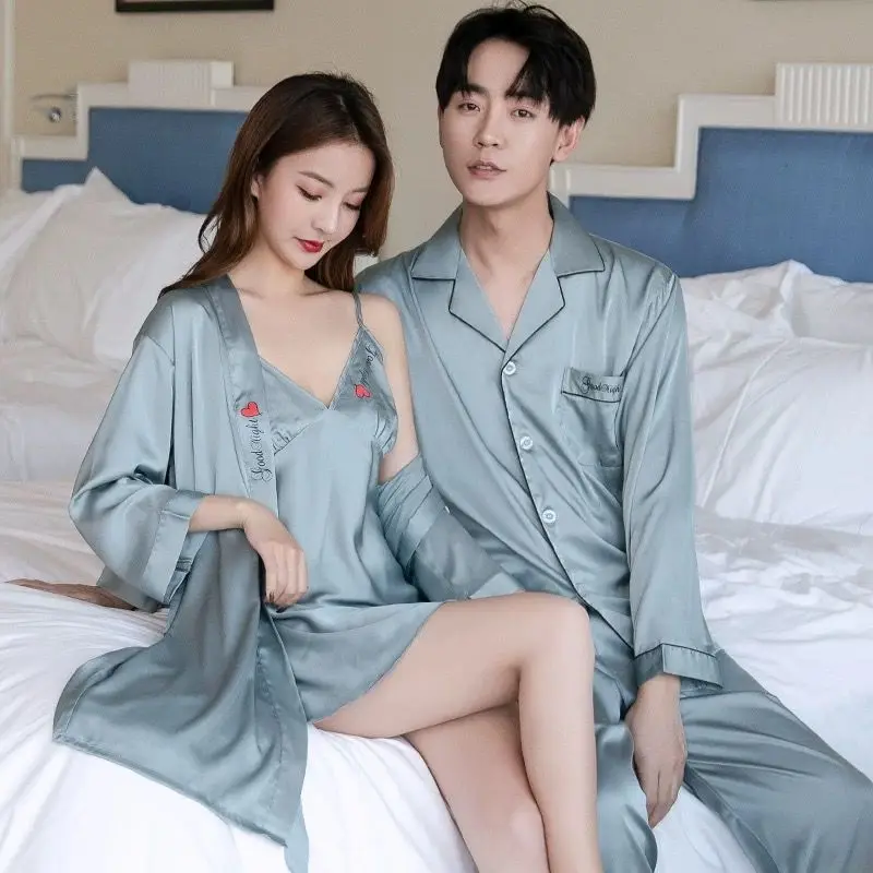 Autumn Men Pajamas Set Sleeping Gown Long Sleeve Nightgown Couple Lovers Pajamas 2pcs Plus Size Leisure Loose Pyjamas Wedding
