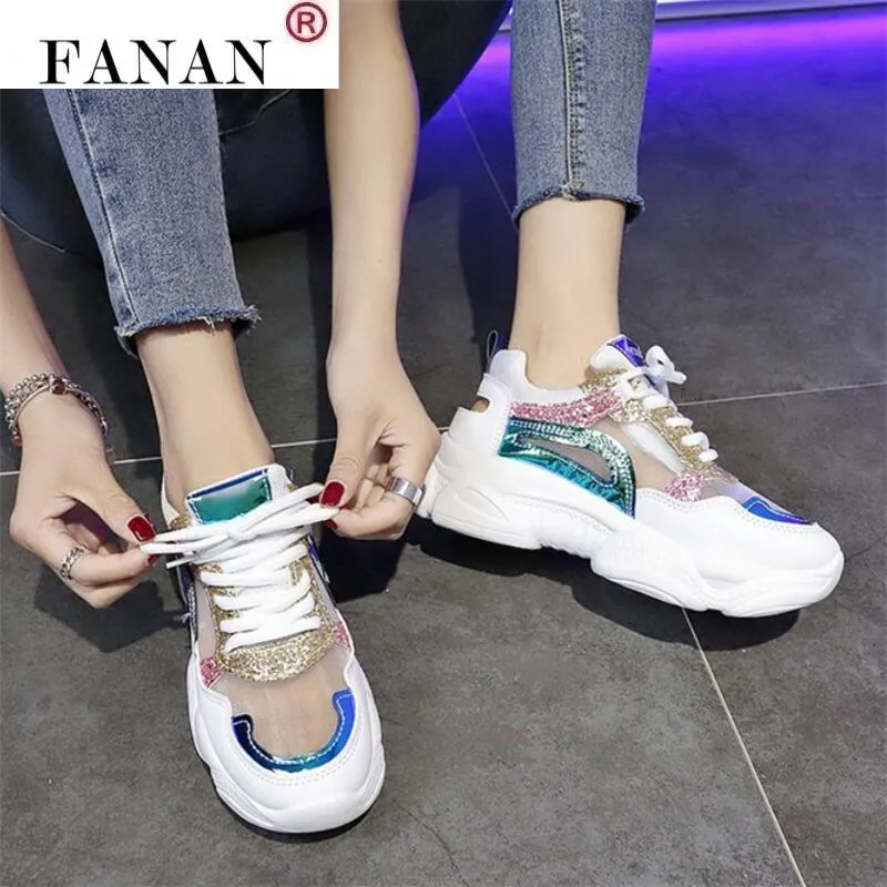 

FANAN 2021 New Women Shoes Spring Sneakers Women Fashion Bling Platform Shoes Ladies Footwear Breathable Mesh Sneakers T895