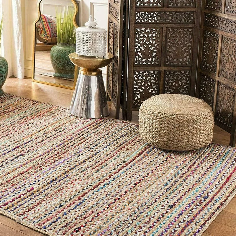 

Jute and Cotton Rug Home Living Room Floor Decoration Hand-woven Reversible Rustic Appearance Home Decoration Area Carpet