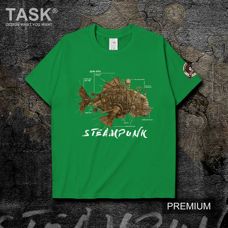 Футболка в стиле стимпанк с изображением механической летящей рыбы хлопковая