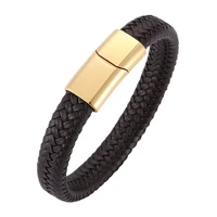 vintage men jewelry brown braided leather bracelet golden stainless steel magnetic clasp fashion male wristband man gift sp0237