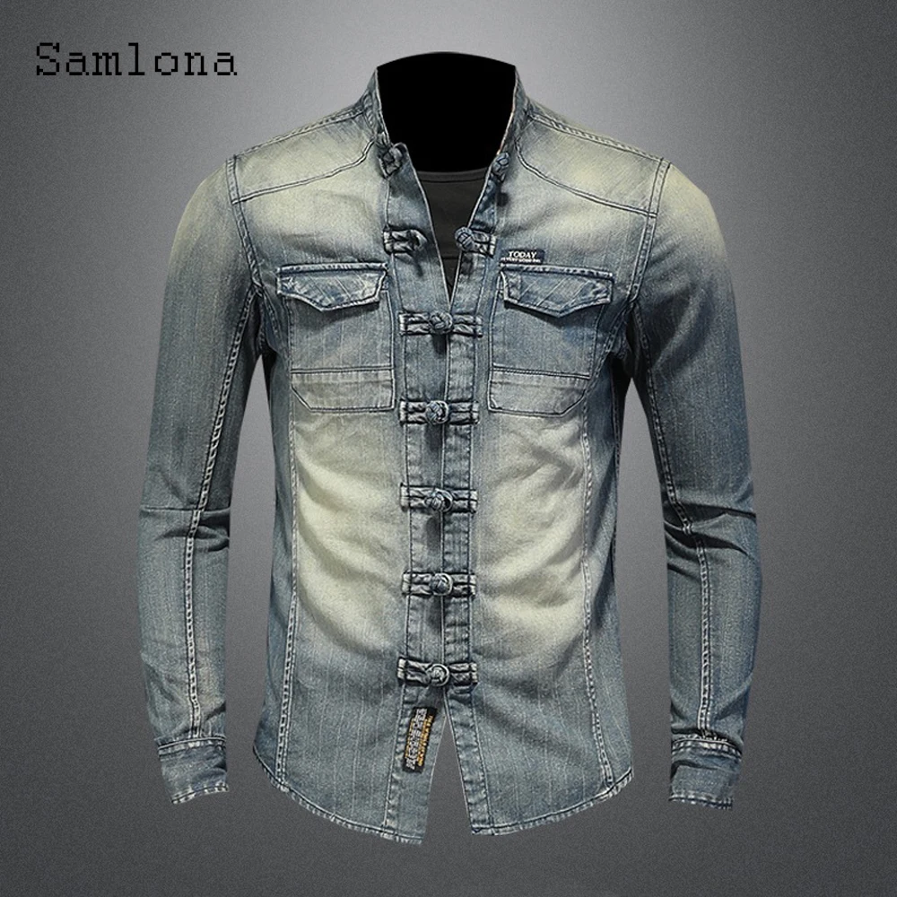 

Long Sleeve Men Fashion Tops Streetwear 2021 Summer New Patchwork Denim Shirt Casual Slim Jean Denim Blouse Sexy Mens Clothing