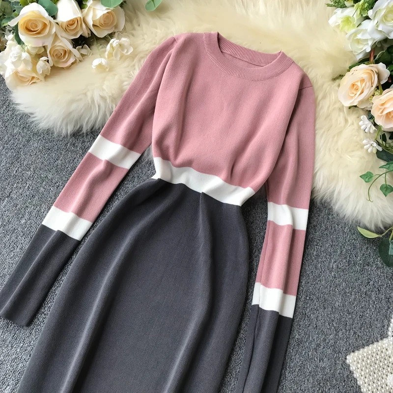ALPHALMODA осенне-зимнее женское трикотажное платье хит цвета новое ретро с высокой талией цветное с длинным рукавом тонкое трикотажное цельное платье