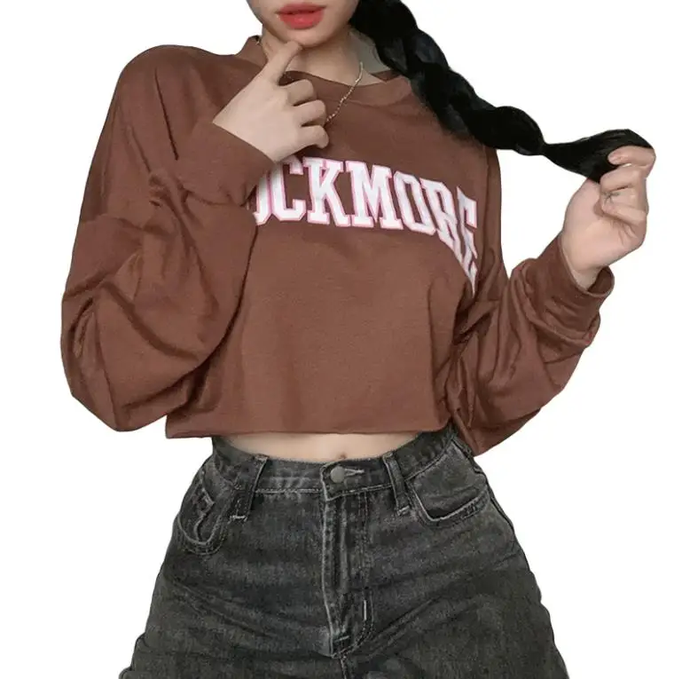 

Women Casual Crop Tops, Adults Letter Print Long Sleeve Round Neck Sweatshirt (Brown)