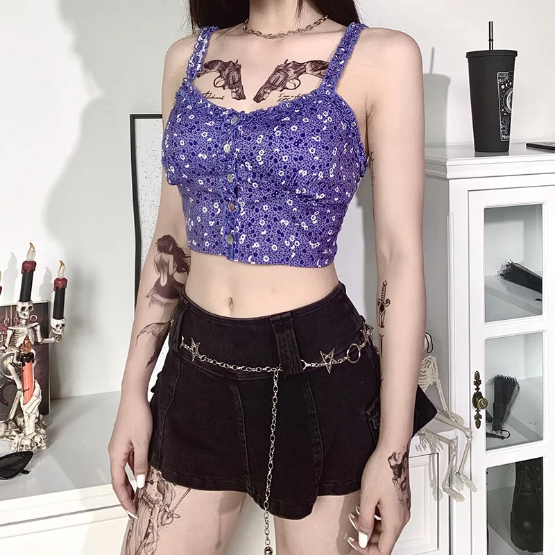 Женский темно синий жилет GOTH GIRL фиолетовый без бретелек с цветочным принтом