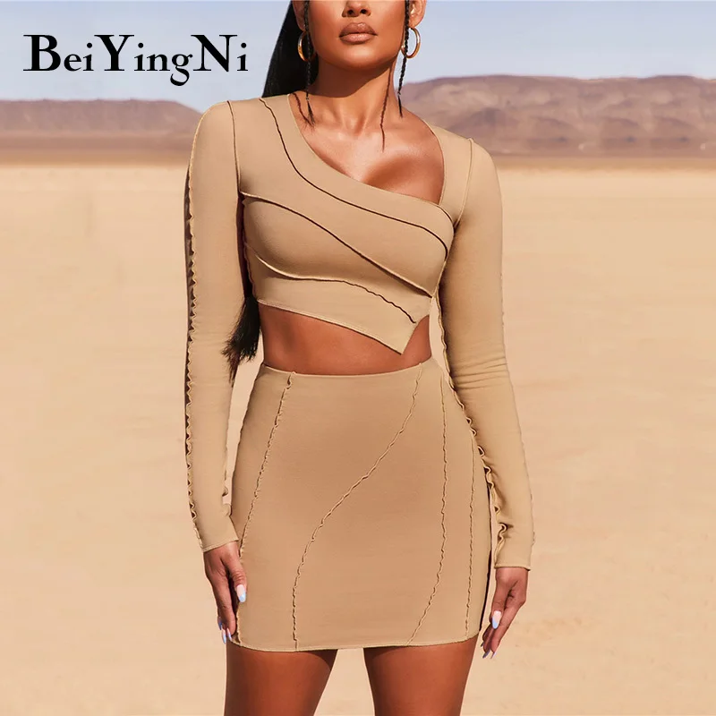 

Beiyingni Women Two Piece Set Long Sleeve Skew Collar Short T-shirt And High Waist Mini Skirt 2022 Fashion Sexy Slim Woman Suit