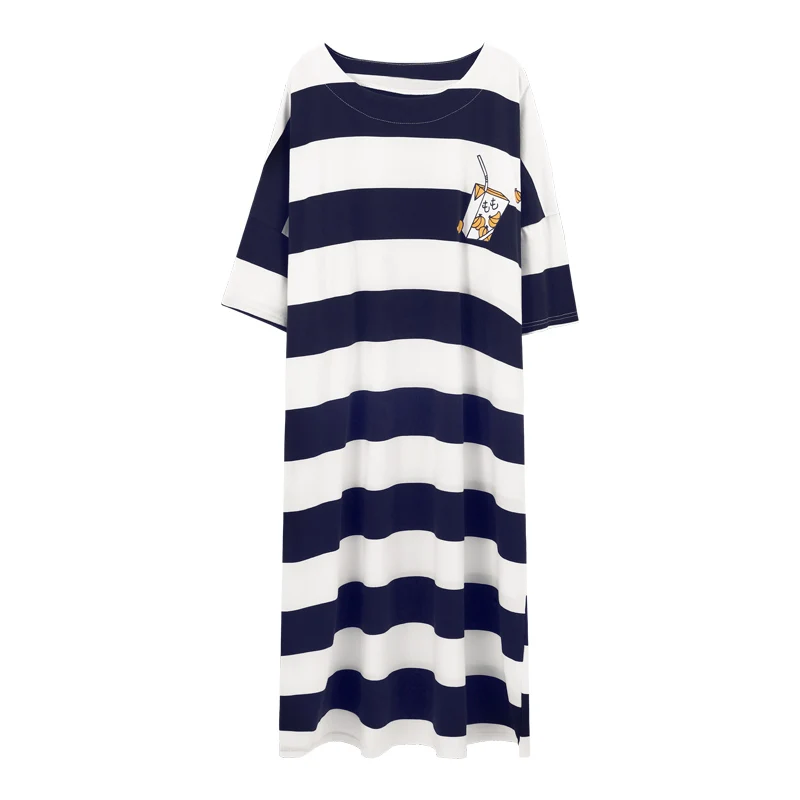 

Short Sleeve Fashion Female Dress Women Sleepwear Stripe Milk Print Nightdress For Ladies Homewear Summer Loose Plus Long Dress