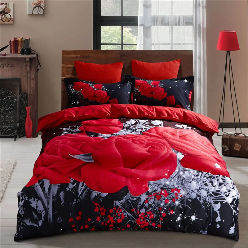 

3D Red Black Rose Bedding Sets High Quality Soft Duvet Cover Pillowcase Design Printed Flower Bedclothes Queen Luxury Bed Linen