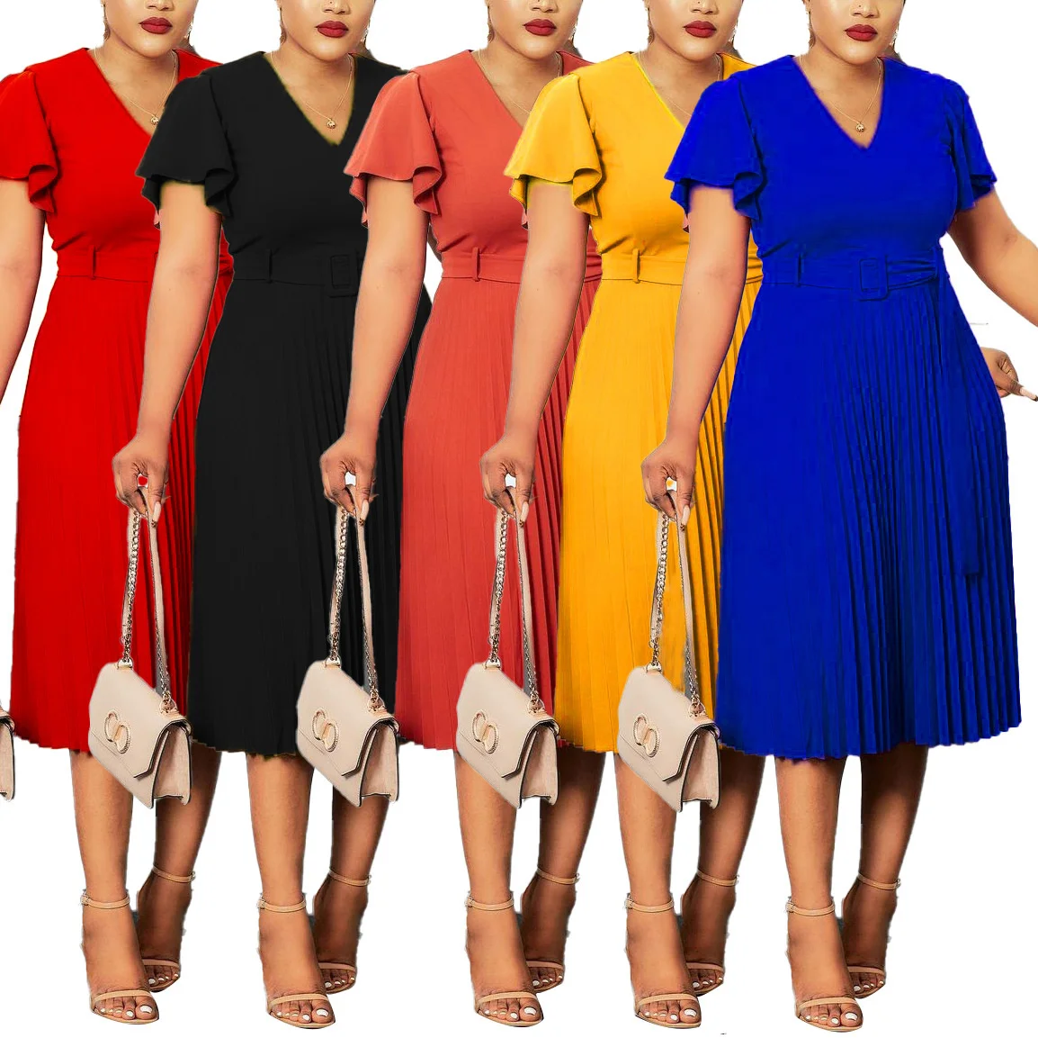 

Lace Up Midi Dress Fashion Pleated Ruffle Sleeve Short Sleeve Dresses For Women V Neck Sexy High Waist Summer Dress