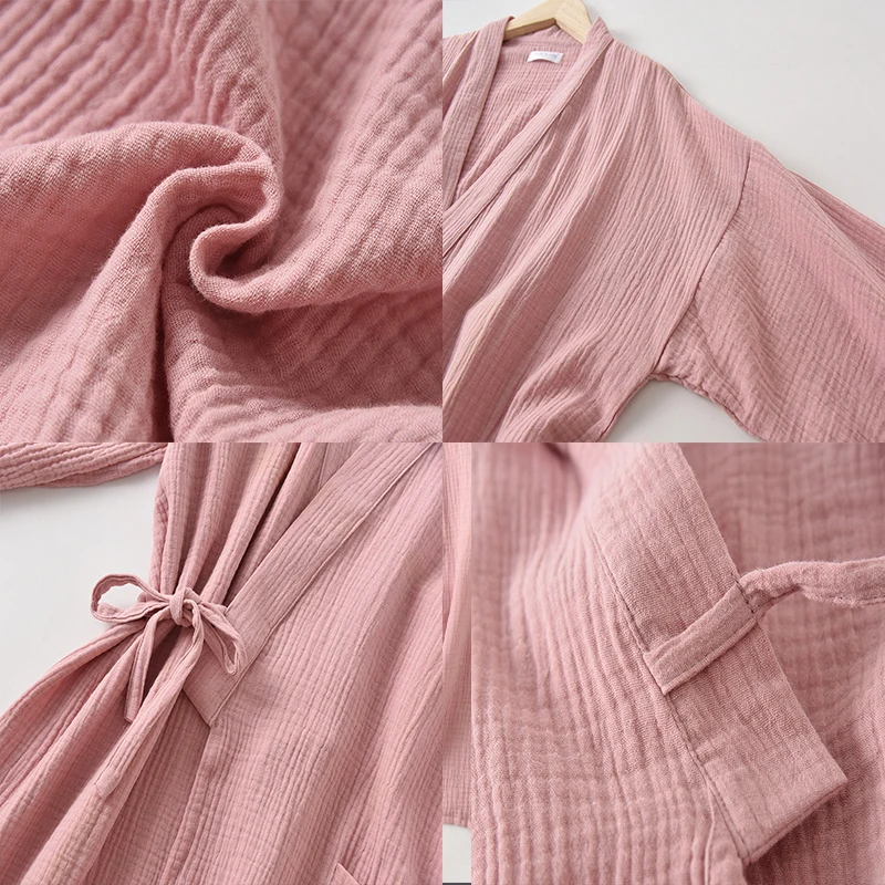 Kimono Bathrobe Sleepwear Nightgown Summer Nightwear Dressing Couple's Pajamas 100% Cotton Lingerie Intimate Japanese-Style Pink