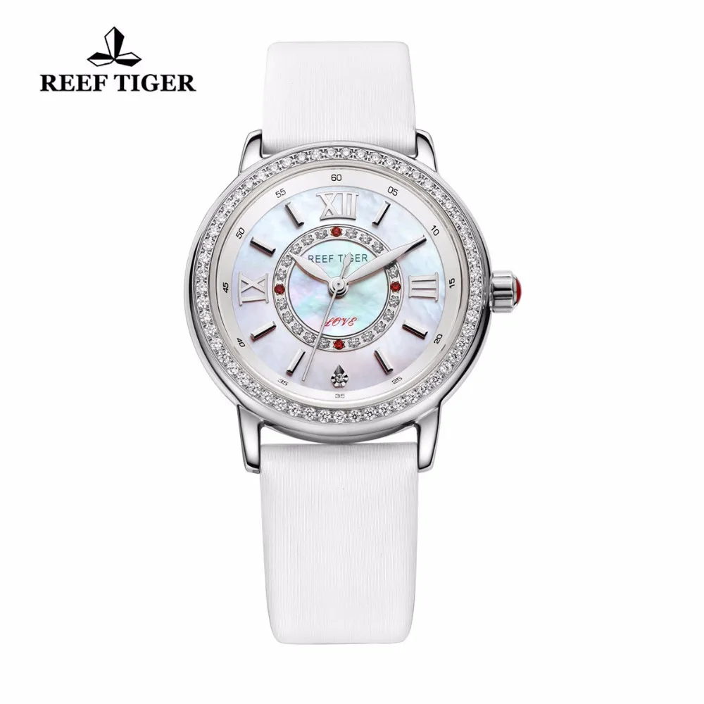 

Reef Tiger/RT Fashion Elegant Watches for Women Ronda 763 Quartz Watch with Diamonds Bezel MOP Dial Calfskin Leather RGA1563