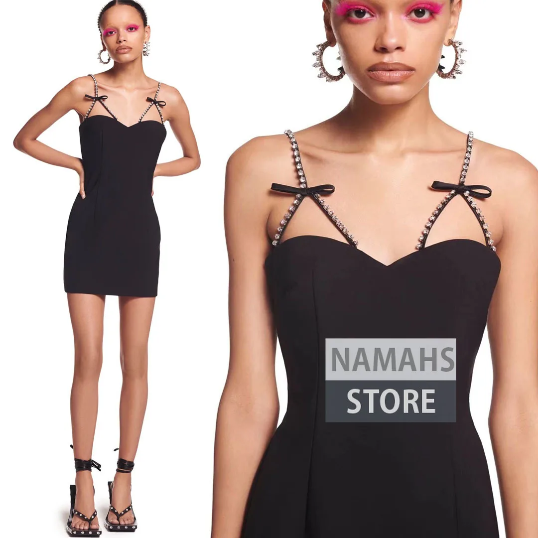 

summer fashion dresses for women sleeveless bow spaghetti strap designer bodycon slim fit sexy black v neck mini dress clothes