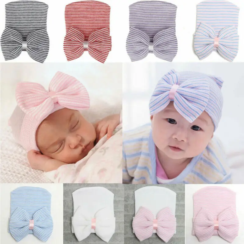 

2020 New Cute Newborn Baby Hat Infant Girl&Boy Comfy Bowknot Striped Hospital Cap Winter Warm Toddler Beanie Newborn Hat
