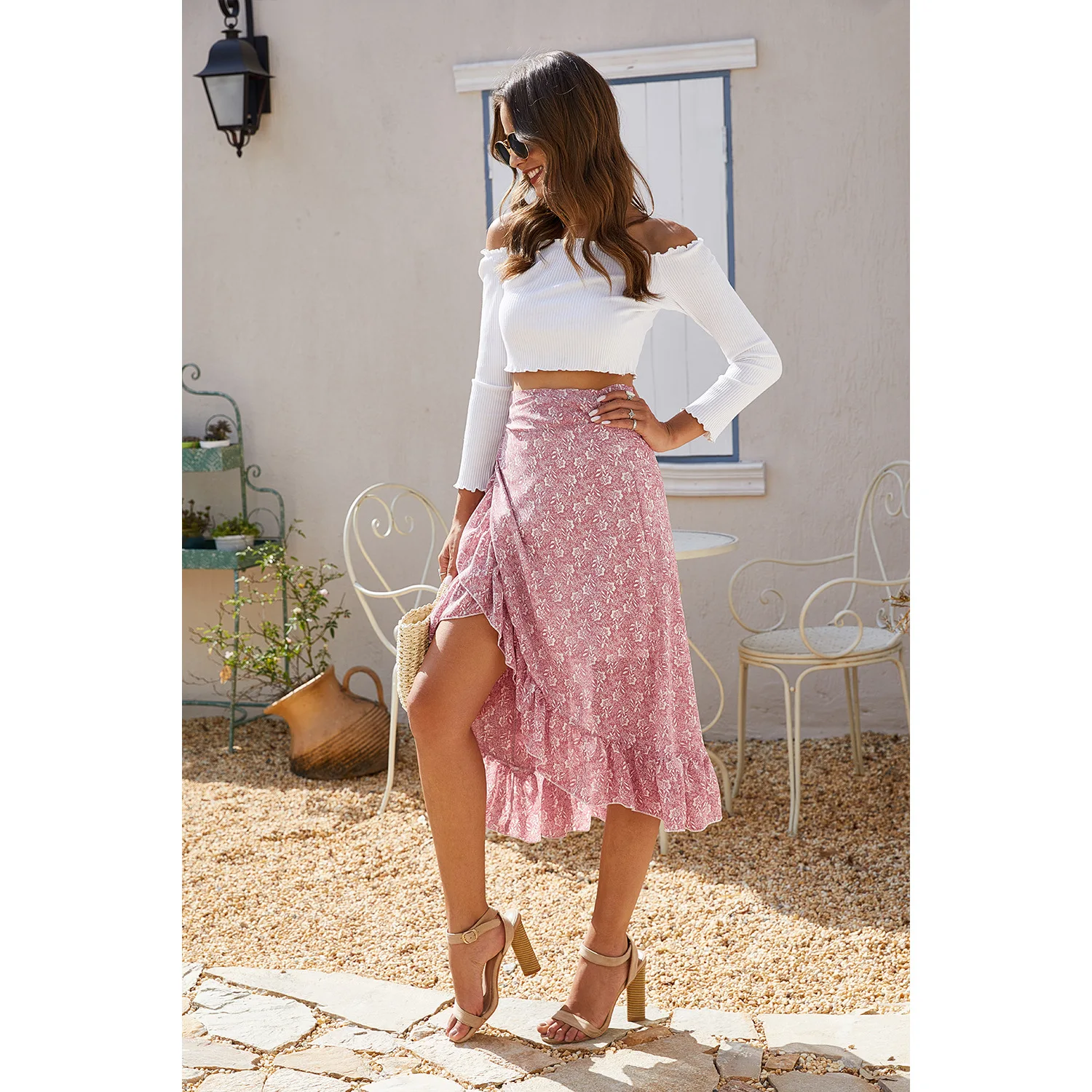 Женская Асимметричная юбка Повседневная богемная шифоновая с разрезом и бантом