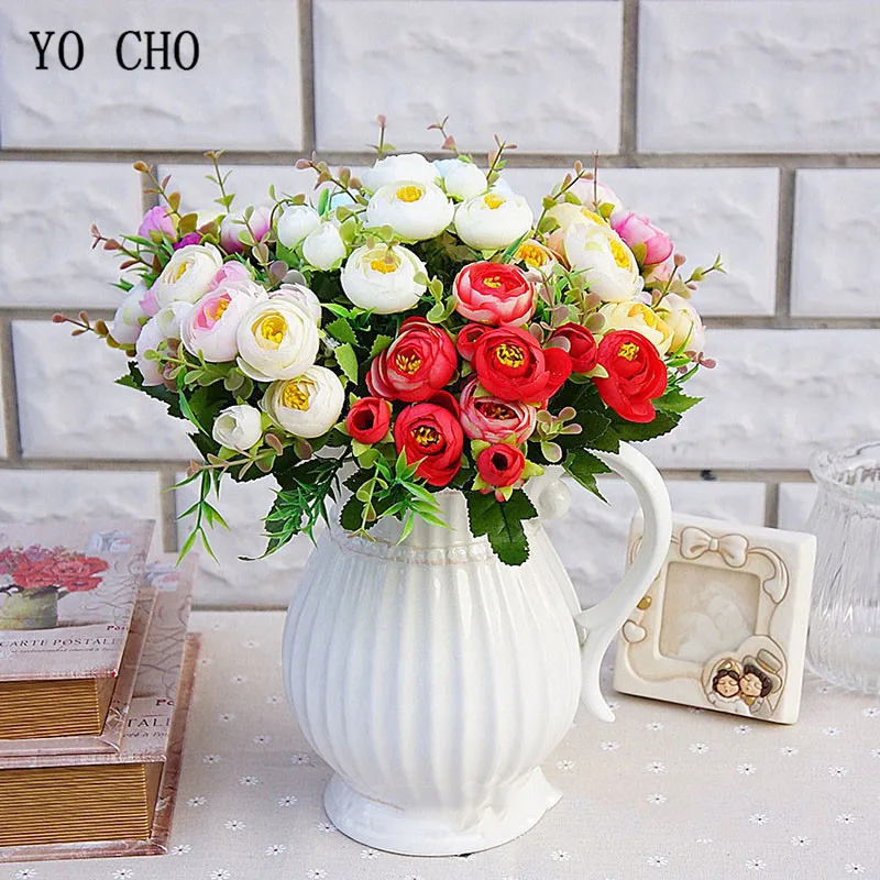 

YO CHO Artificial Tea Rose Flower Bunch 10 Heads Silk Rose Flower Bouquet Wedding Home Party Table Decorations Blue Fake Flowers