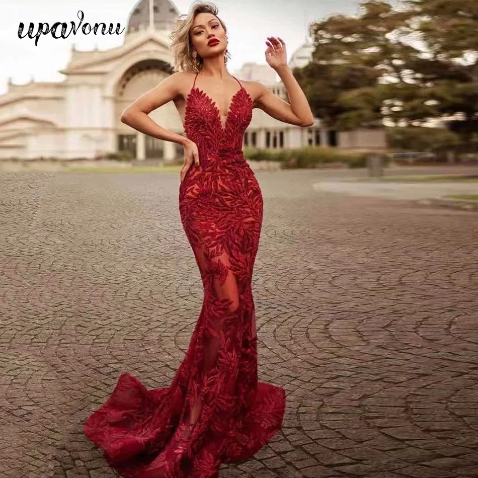 

Free Shipping Red Shiny Sequin Long Dress Women's V-neck Sleeveless Tulle See-through Halter Dresses Club Runway Party Vestidos