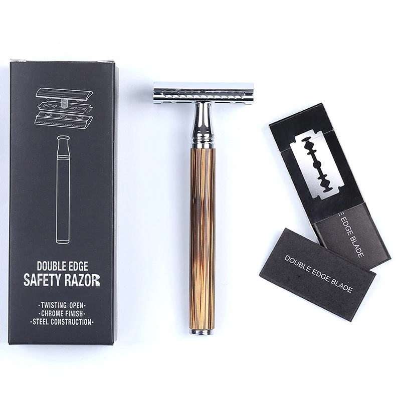 Long Natural Bamboo Handle Double Edge Safety Razor Adjustab