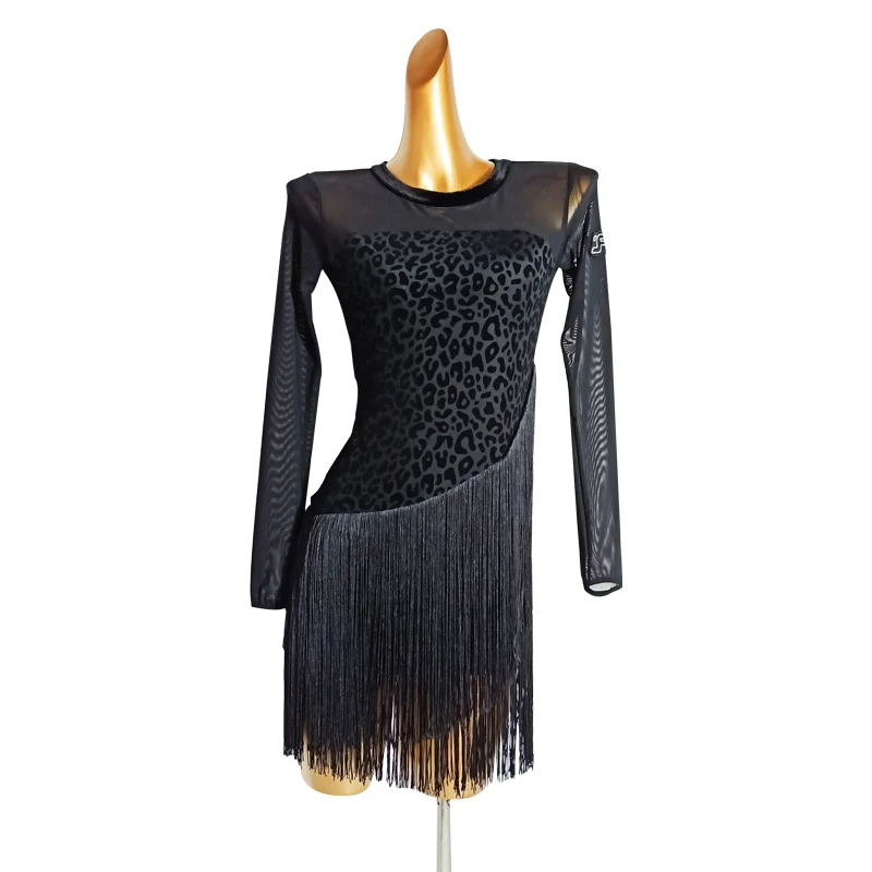 Женское платье для латиноамериканских танцев черное соблазнительное с длинными