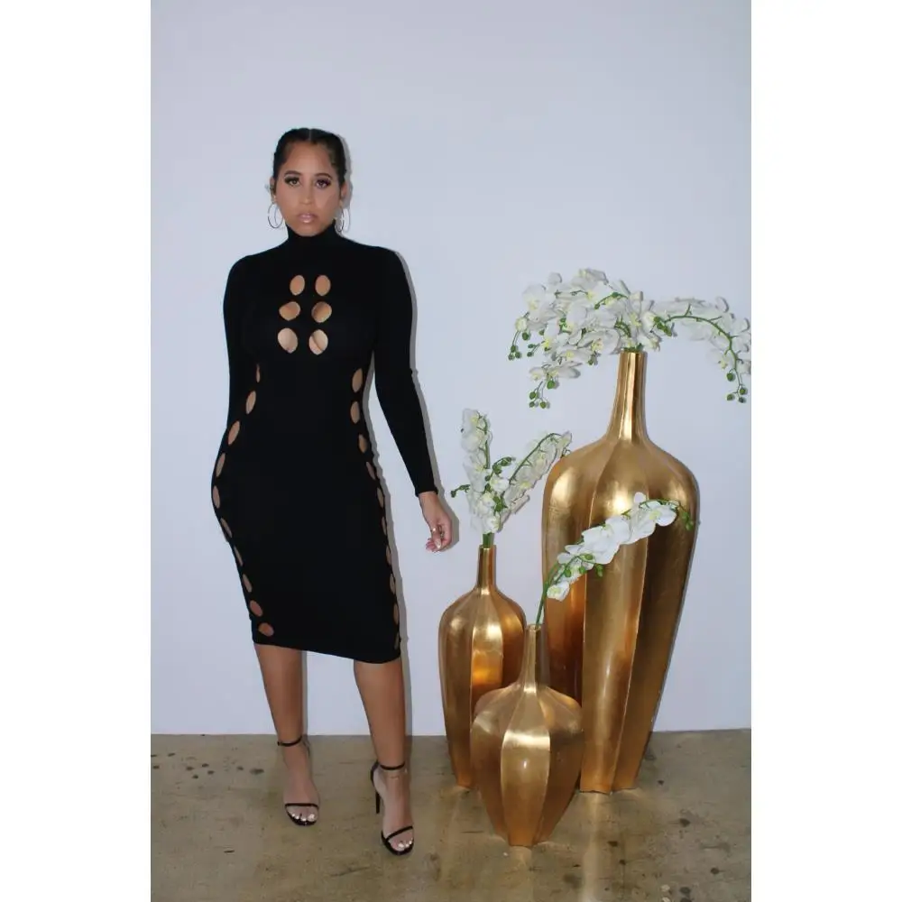 

Rib Knitting Turtleneck Long Sleeve Dress Ladies Sexy Hollowed Out Midi Maxi Vestidos Solid Color Hole Dresses Basic Streetwear