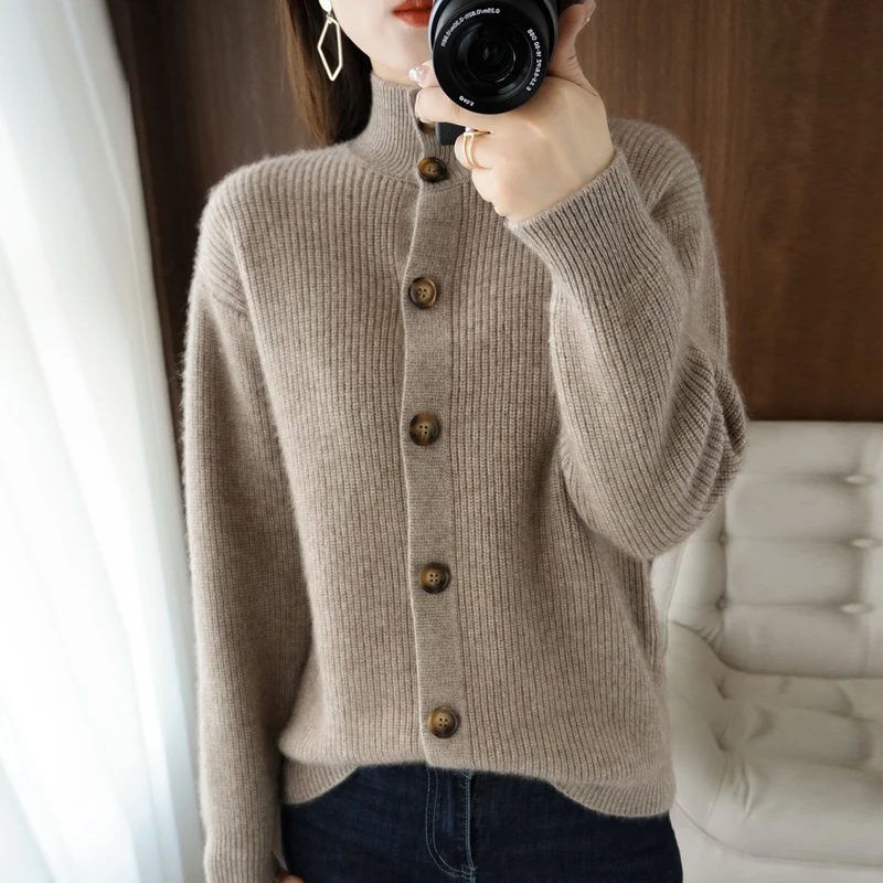 

Lafarvie Autumn Winter Wool Blends Turtleneck Sweater Cardigan Tops Female Knitted Jumper Casual Loose Oversized Long Sleeve