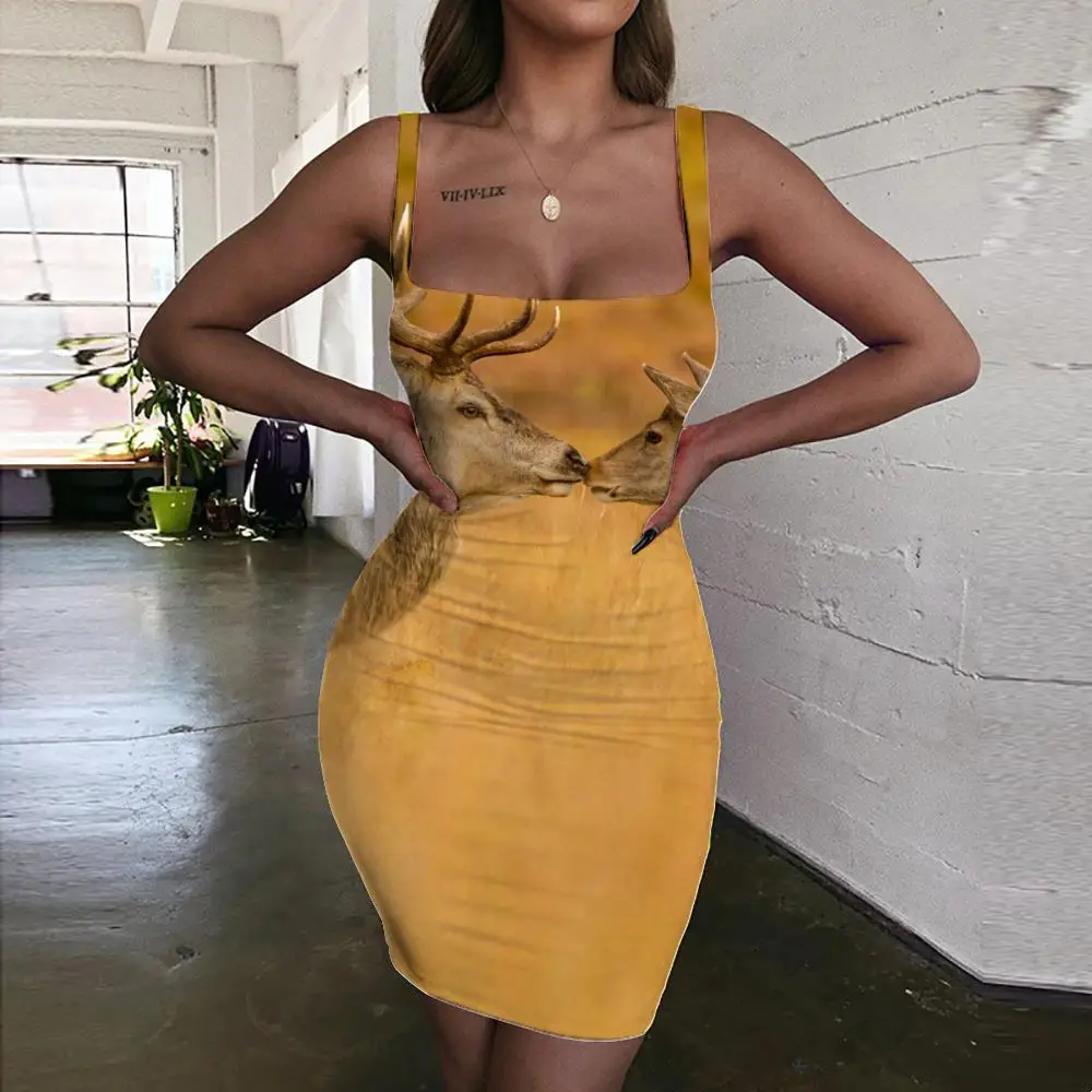 

KYKU Deer Dress Women Animal Sundress Lovely Bodycon Dress Womens Clothing Club Beach Boho Femme