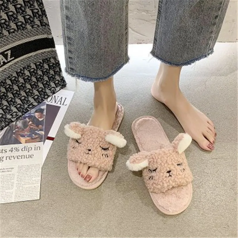 Женские пушистые тапочки зимняя теплая меховая обувь женские Симпатичные