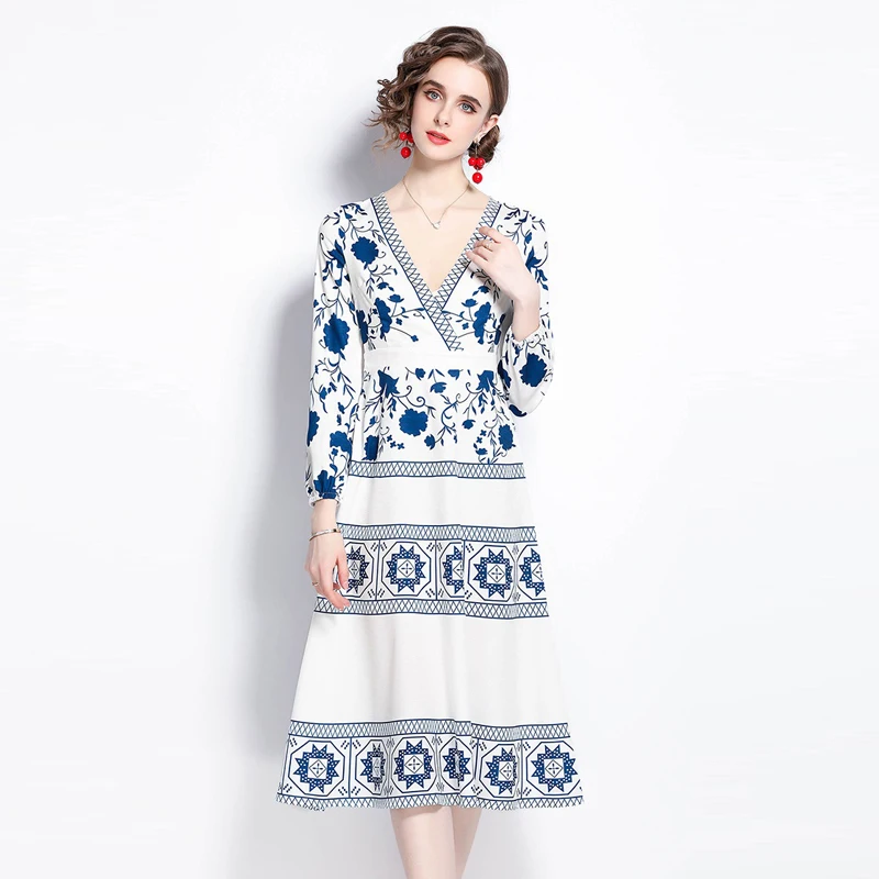 

Vetement Femme 2021 Newest Evening Dress Deep V-Neck Vestidos De Verano Palace Vintage Print Runway Elgant Party Midi Dresses