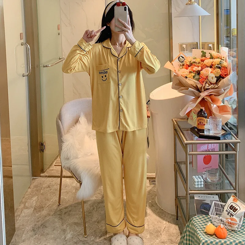 

Spring and Autumn Pajamas Women's Minimalist Long Sleeve Cardigan Yellow Smiley Suit Loose Casual Summer Winter Home Wear