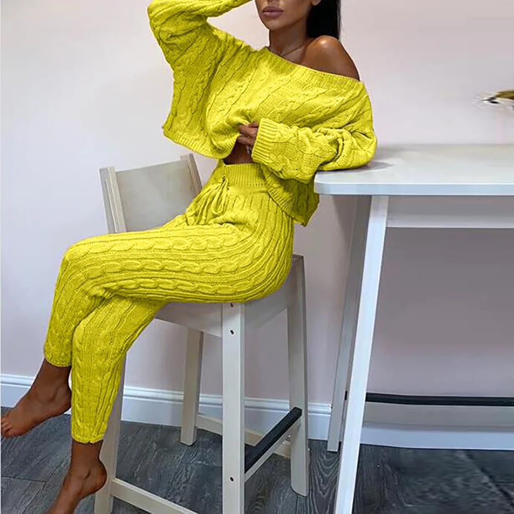 Women Autumn Winter Knitted O Neck Leisure Two Pieces Outfit Long Sleeve Sweater Jumpers Pants Set | Женская одежда