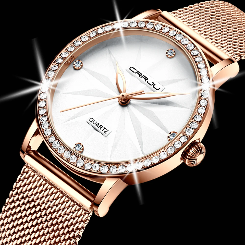 

Часы CRRJU женские водонепроницаемые из нержавеющей стали, брендовые Роскошные модные наручные, с браслетом из розового золота, 2021