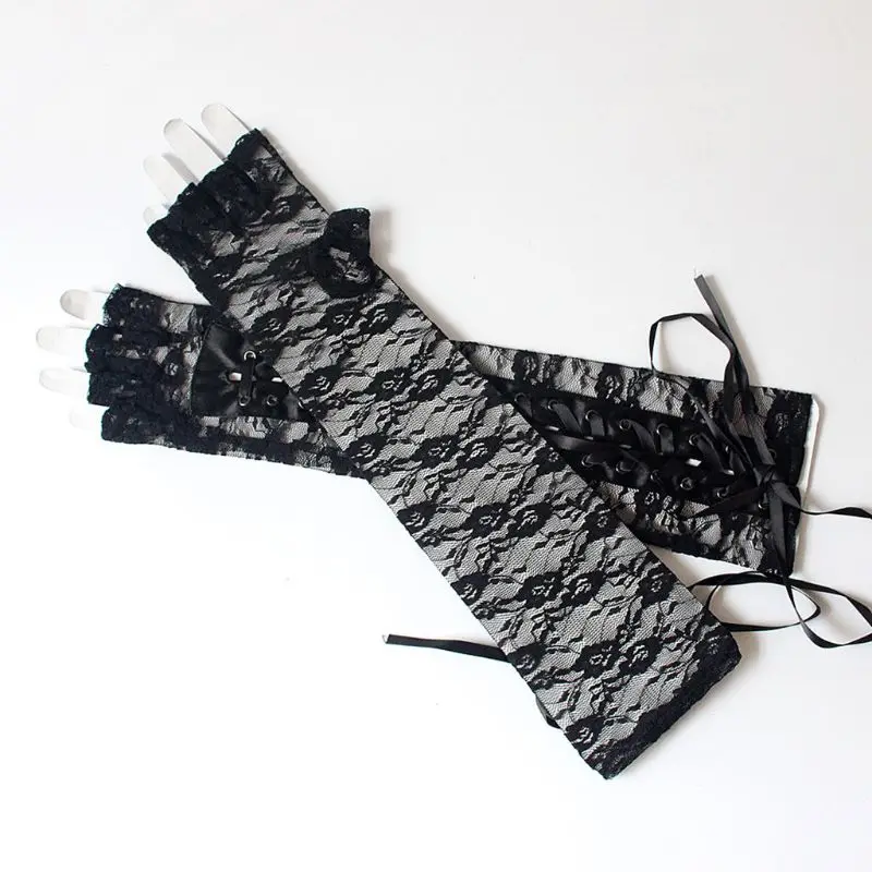 

Women Sexy Floral Lace Elbow Length Half-Finger Gloves Black String Ribbon Ties Up Disco Dance Party Fingerless Fishnet Mesh Mit