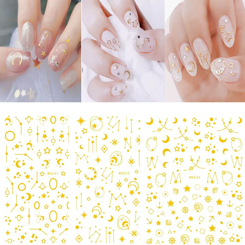 

Set 3D Nail Art Sticker Geometric Self Adhesive Nail Decals Stars Moon Design Gold Manicure Adhesive Decoration Art Sticker