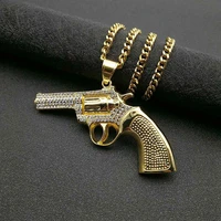 hip hop big gun pendant necklace men gold crystal cz pistol stainless steel punk necklaces cuban chain men jewelry gifts