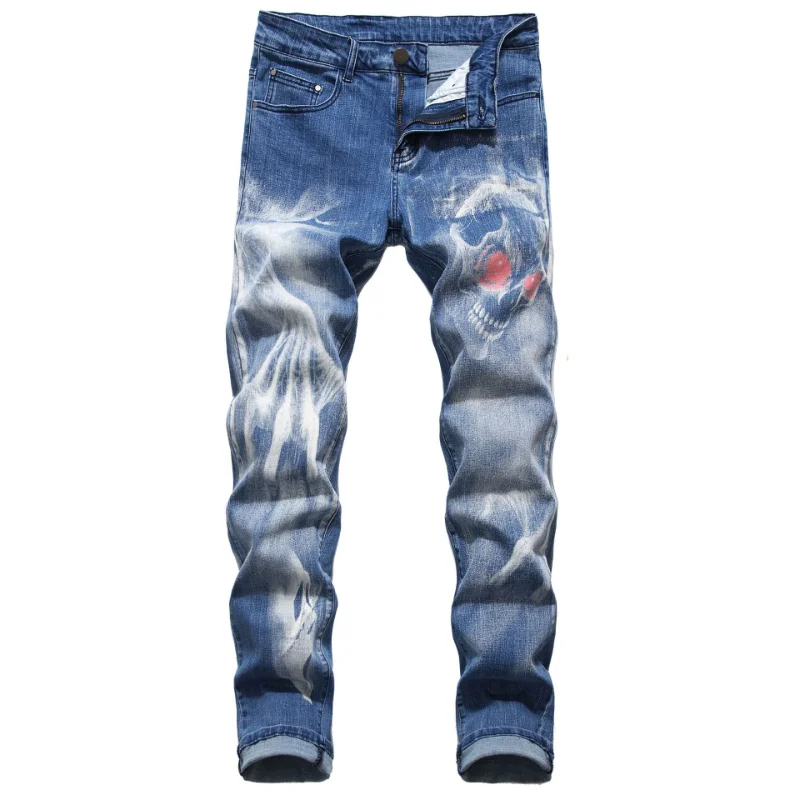 2021 Cool Design 3D Skull Print Punk Men Vintage Pencil Jeans Trousers Dark Streetwear Hip Hop Slim Women Denim Pants For Teens