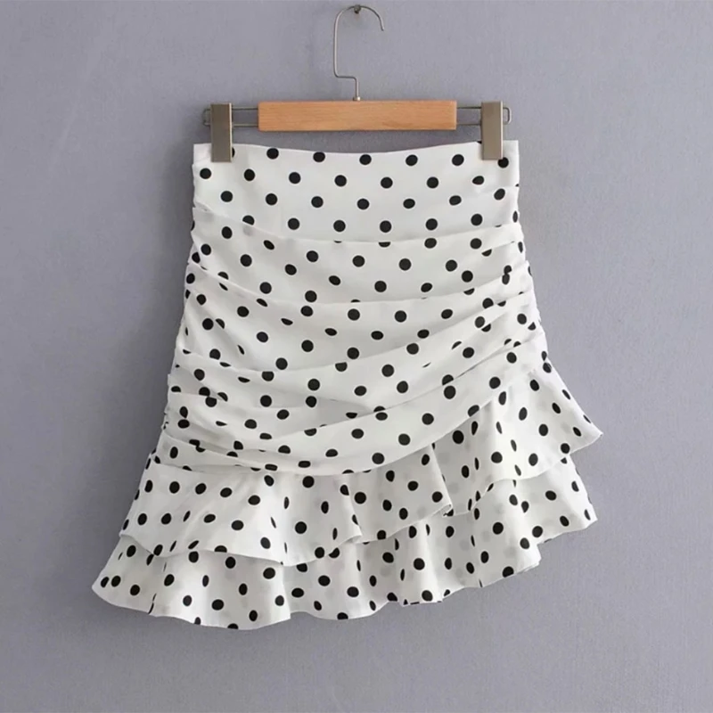 

Women Polka Dot Print Pleated Asymmetrical Mini Skirt Vintage Ruched High Waist Ruffled Hem Back Zipper Slim Streetwear