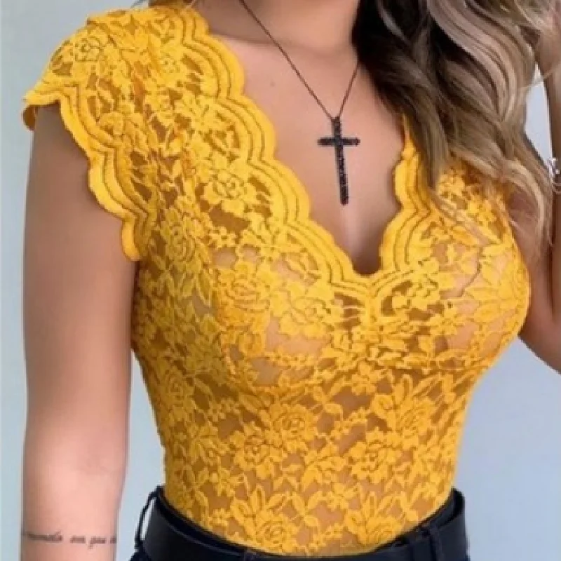 Женский кружевной топ с глубоким V-образным вырезом без рукавов | Женская одежда