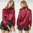 Блузка Женская атласная с высоким воротом, элегантный однотонный топ с длинным рукавом и открытой спиной, 7 цветов